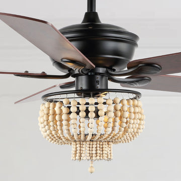 Opal 52" Farmhouse Rustic Wood Bead Shade LED Ceiling Fan With Remote - JONATHAN Y
